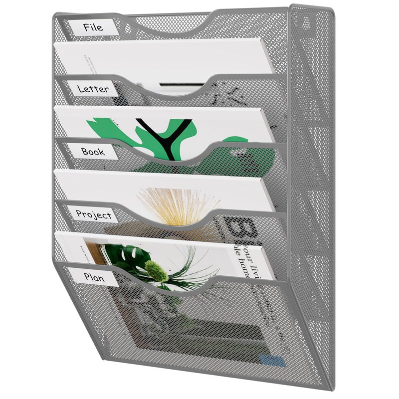EasyPAG 5 Pocket Mesh Wall File Organizer, Hanging Paper Folder Holder with Classify Label, Vertical Wall Mount Mail Organizer for Office Home Classroom, Silver - Image 1